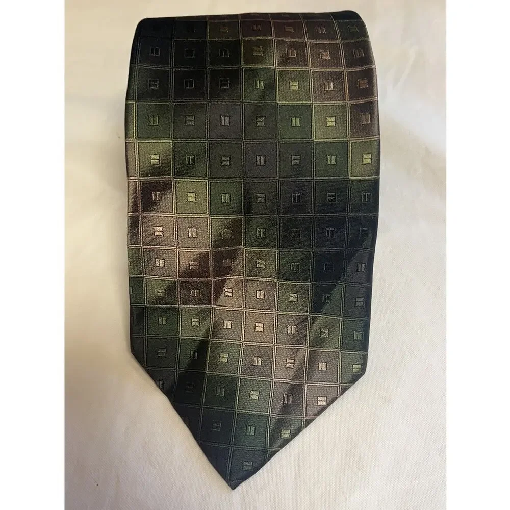 Joe Joseph Abboud Geometric Patterned Silk Necktie Shades of Green and Gray Tie